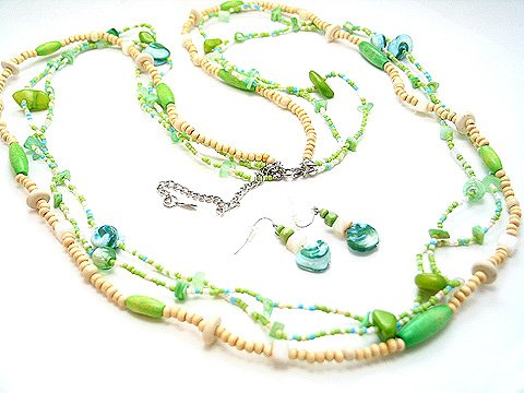 LONG LIGHT GREEN BOHO INDIAN GLASS WOOD FAUX PEARL SHELL SEED BEAD NECKLACE SET