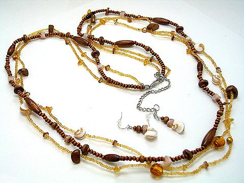 LONG BROWN FAUX TOPAZ BOHO INDIAN GLASS WOOD FAUX PEARL SHELL SEED BEAD NECKLACE SET