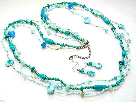 LONG BLUE TURQUOISE AQUA BOHO INDIAN GLASS WOOD FAUX PEARL SHELL SEED BEAD NECKLACE SET