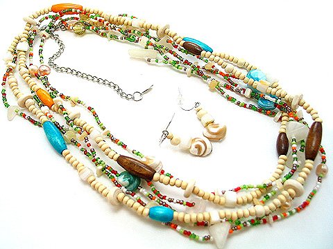 LONG MULTI COLOR BOHO INDIAN GLASS WOOD FAUX PEARL SHELL SEED BEAD NECKLACE SET