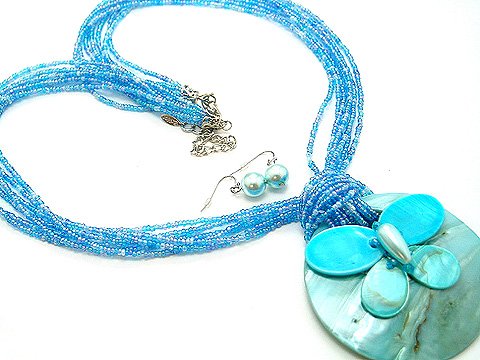 LONG CHUNKY BLUE MULTI STRAND BUTTERFLY SHELL NECKLACE SET