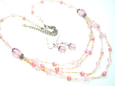 MULTI STRAND LIGHT PINK GLASS BEAD NECKLACE SET