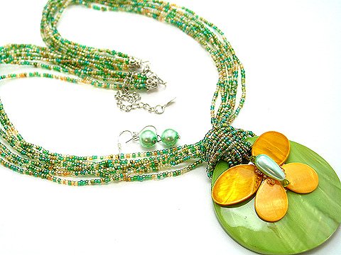 LONG CHUNKY OLIVE GREEN MULTI STRAND BUTTERFLY SHELL NECKLACE SET