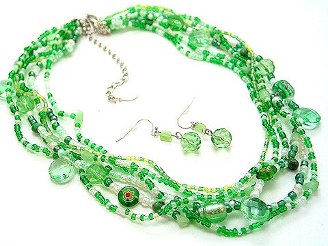 OLIVE GREEN BOHO INDIAN GLASS SHELL SEED BEAD NECKLACE SET
