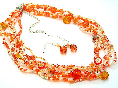ORANGE BOHO INDIAN GLASS SHELL SEED BEAD NECKLACE SET
