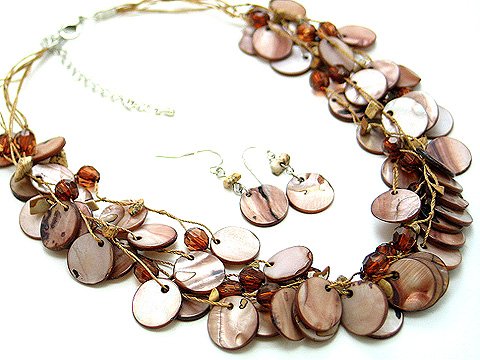 BROWN MULTI STRAND NATURAL STONE SHELL NECKLACE SET