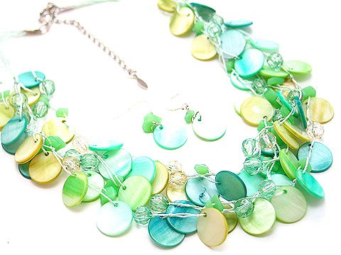 GREEN MULTI STRAND NATURAL STONE SHELL NECKLACE SET