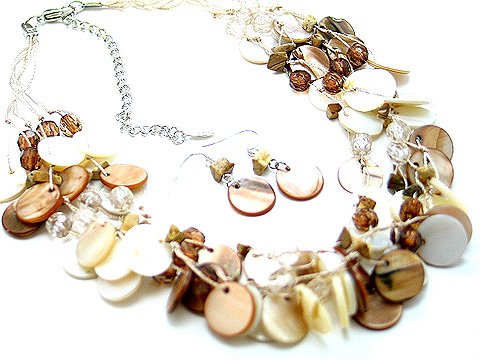 BROWN BEIGE MULTI STRAND NATURAL STONE SHELL NECKLACE SET