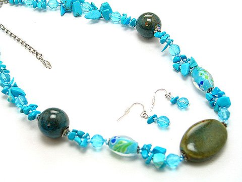 BLUE TURQUOISE AQUA BOHO WOOD BEAD NECKLACE SET