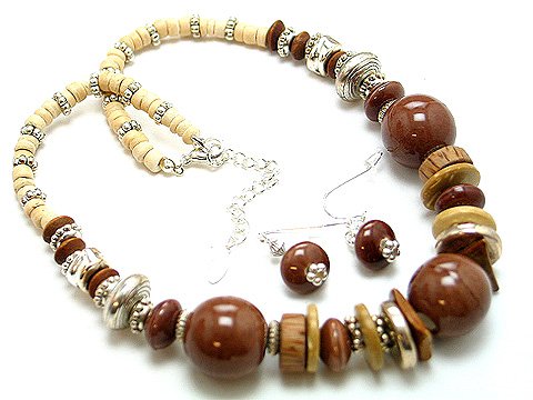 BROWN MOCHA BOHO CERAMIC WOOD BEAD NECKLACE SET