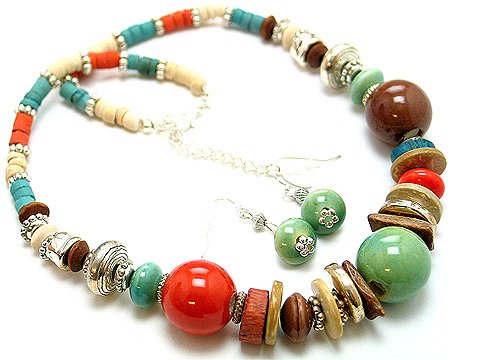 MULTI COLOR BOHO CERAMIC WOOD BEAD NECKLACE SET