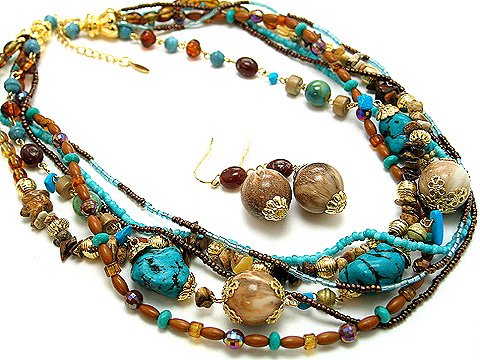 BOHO NATURAL STONE BLUE TURQUOISE AQUA BROWN CREAM CERAMIC BEAD SET