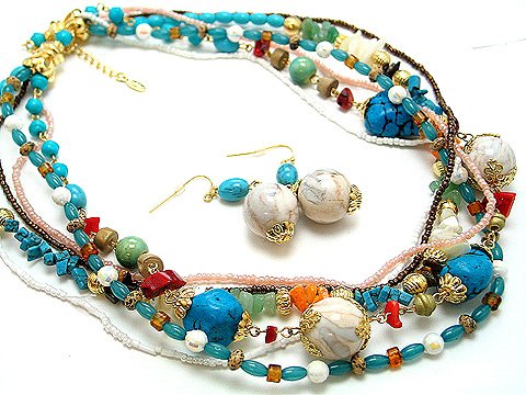 BOHO NATURAL STONE BLUE TURQUOISE AQUA CERAMIC BEAD SET