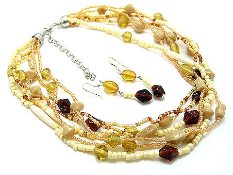 BROWN MOCHA BEIGE BOHO INDIAN GLASS WOOD SEED BEAD NECKLACE SET