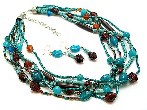 BLUE TURQUOISE BROWN BOHO INDIAN GLASS WOOD SEED BEAD NECKLACE SET