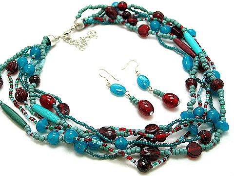 BLUE TURQUOISE CORAL RED BOHO INDIAN GLASS WOOD SEED BEAD NECKLACE SET