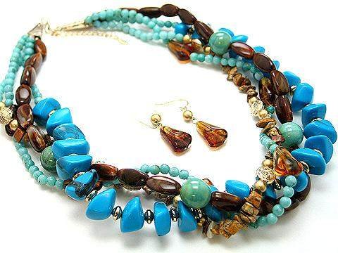 BOHO NATURAL STONE BLUE TURQUOISE AQUA BROWN CERAMIC BEAD SET