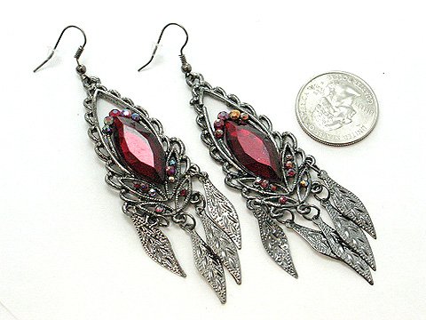 DANGLING RED RUBY SIMULATED LEAF LEAVES EARRINGS