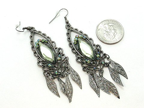 DANGLING OLIVE GREEN FAUX PERIDOT LEAF LEAVES EARRINGS