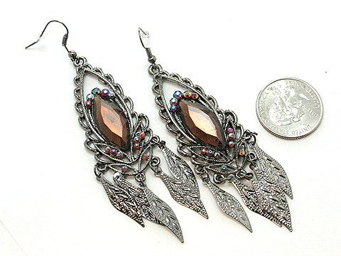 DANGLING BROWN SIMULATED TOPAZ LEAF LEAVES EARRINGS