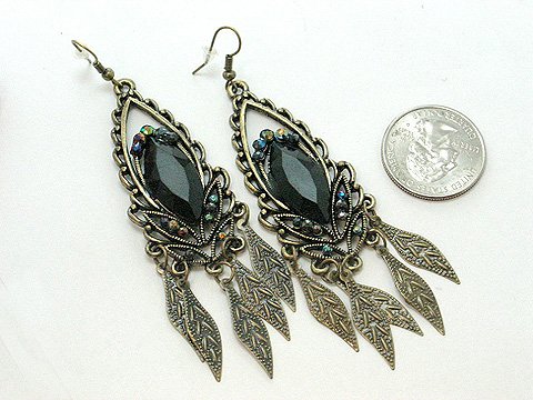 DANGLING JET BLACK SIMULATED ONYX LEAF LEAVES EARRINGS