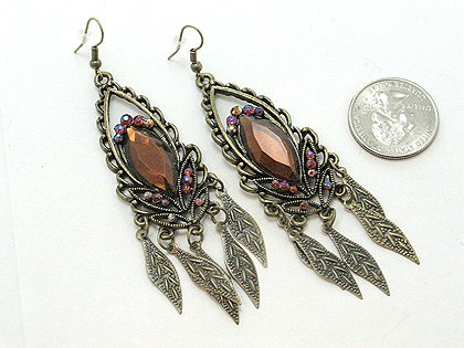 ANTIQUE STYLE GOLD TONE DANGLING BROWN SIMULATED TOPAZ LEAF LEAVES EARRINGS