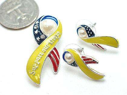 USA YELLOW SUPPORT OUR TROOPS RIBBON PENDANT EARRING SET