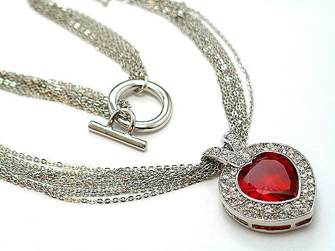 MULTI STRAND RED SIMULATED RUBY HEART LOVE CZ STONE AUSTRIAN CRYSTAL NECKLACE