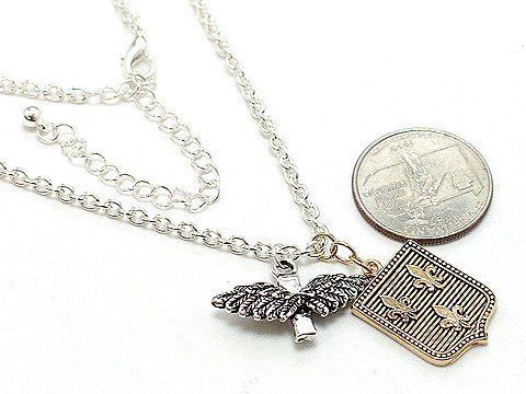 GOLD AND SILVER TONE FRENCH FLEUR DE LIS ANGEL WING CROSS NECKLACE
