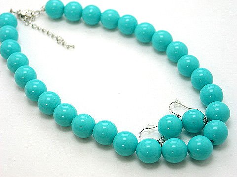 SINGLE ROW BLUE TURQUOISE AQUA LUCITE BEAD BALL NECKLACE SET