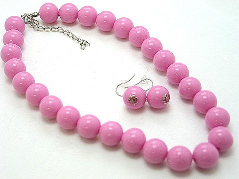 SINGLE ROW HOT PINK ROSE LUCITE BEAD BALL NECKLACE SET