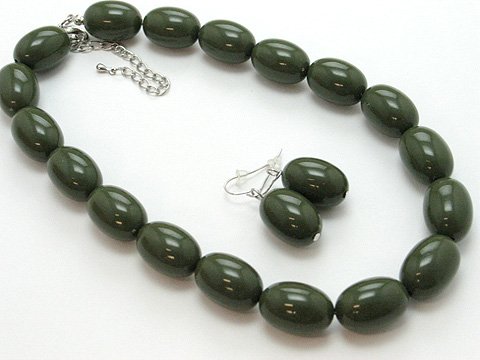 SINGLE ROW OLIVE GREEN LUCITE BEAD BALL NECKLACE SET