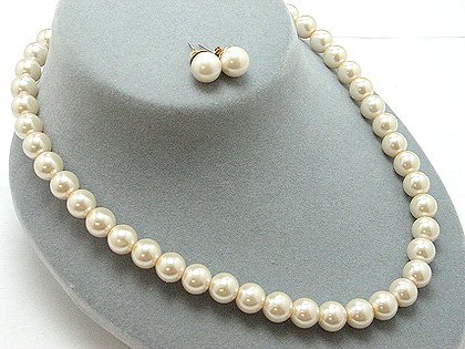 SINGLE STRAND CREME CREAM NATURAL FAUX PEARL GLASS BEAD NECKLACE SET