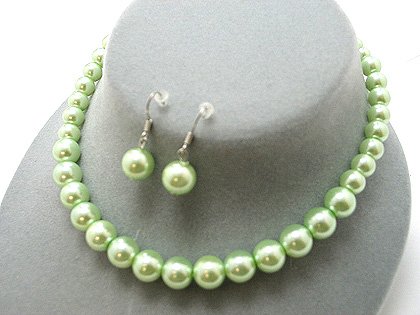 SINGLE STRAND GREEN FAUX PEARL GLASS BEAD NECKLACE SET