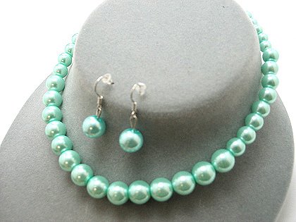 SINGLE STRAND LIGHT BLUE TEAL FAUX PEARL GLASS BEAD NECKLACE SET