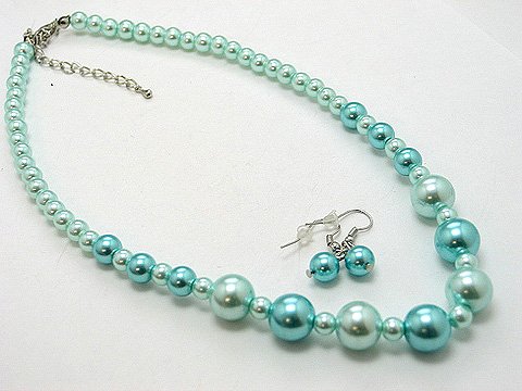 SINGLE STRAND LIGHT BLUE TEAL FAUX PEARL GLASS BEAD NECKLACE SET