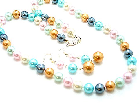 LONG SINGLE STRAND MULTI COLOR PEARL GLASS BEAD NECKLACE SET