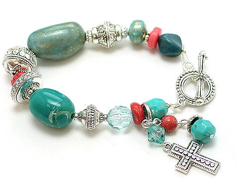 RELIGIOUS BLUE TURQUOISE CROSS CHARM BRACELET