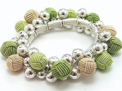 LIGHT OLIVE GREEN BROWN TAN METAL BEAD CORD BALL BRACELET