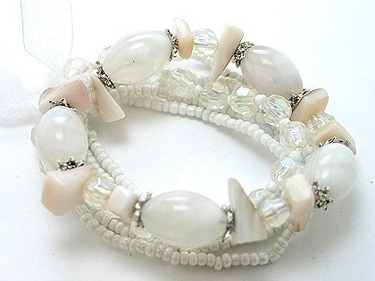 OFF WHITE CREAM CREME NATURAL MULTI STRAND LUCITE BEAD BALL BRACELET