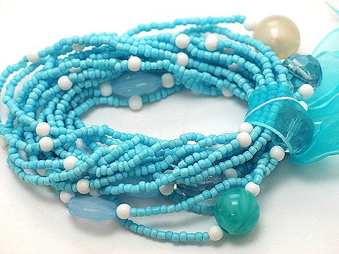 LIGHT BLUE TURQUOISE AQUA MULTI STRAND LUCITE BEAD BALL RIBBON BRACELET