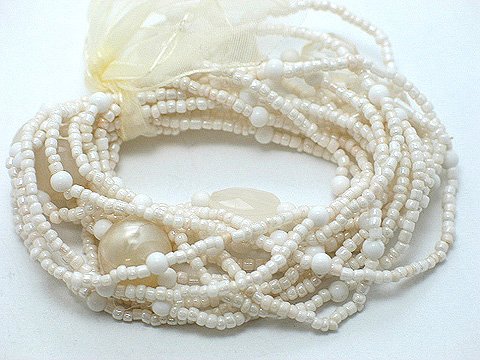 CREME CREAM NATURAL WHITE MULTI STRAND LUCITE BEAD BALL RIBBON BRACELET