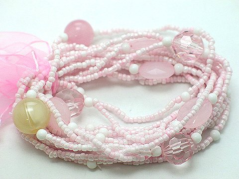 LIGHT PINK ROSE MULTI STRAND LUCITE BEAD BALL RIBBON BRACELET