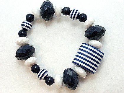 BLUE WHITE STRIPE SINGLE ROW LUCITE BEAD BALL BRACELET