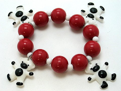 DARK RED TEDDY BEAR SINGLE ROW LUCITE BEAD BALL BRACELET