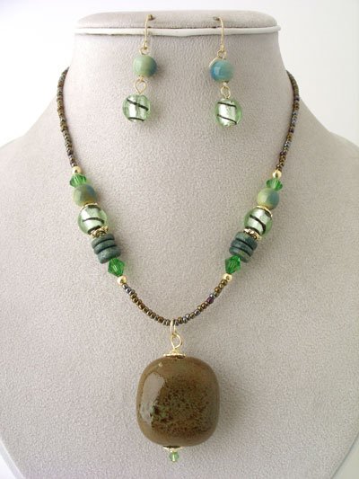 CHUNKY OLIVE GREEN BROWN BOHO CERAMIC GLASS WOOD BEAD NECKLACE SET