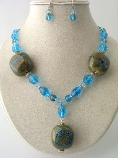 CHUNKY BLUE AQUA BROWN BOHO CERAMIC GLASS WOOD BEAD NECKLACE SET