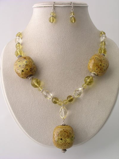 CHUNKY YELLOW BOHO CERAMIC GLASS WOOD BEAD NECKLACE SET