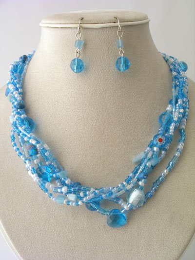 BLUE TURQUOISE AQUA BOHO INDIAN GLASS SHELL SEED BEAD NECKLACE SET