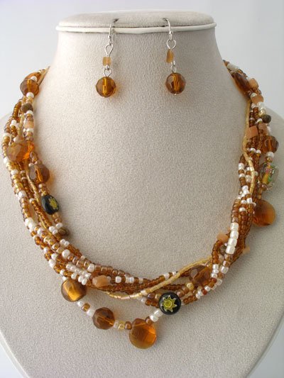 BROWN FAUX TOPAZ BOHO INDIAN GLASS SHELL SEED BEAD NECKLACE SET